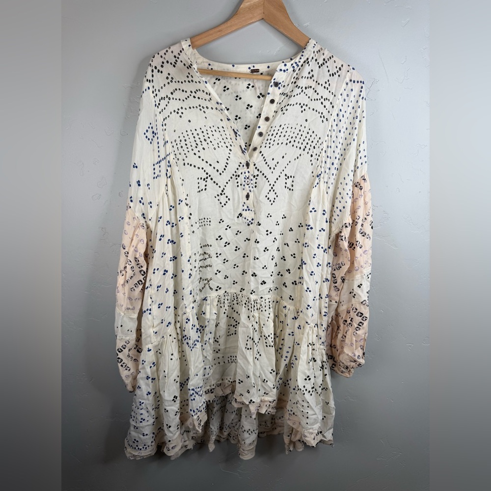 Free People Shibori Ivory Printed Boho Button Up Tunic Mini Dress Medium - Picture 4 of 10